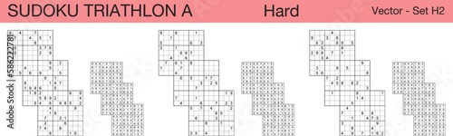 A set of 3 hard scalable sudoku Triathlon A puzzles suitable for kids, adults and seniors and ready for web use, or to be compiled into a standard or large print activity book.