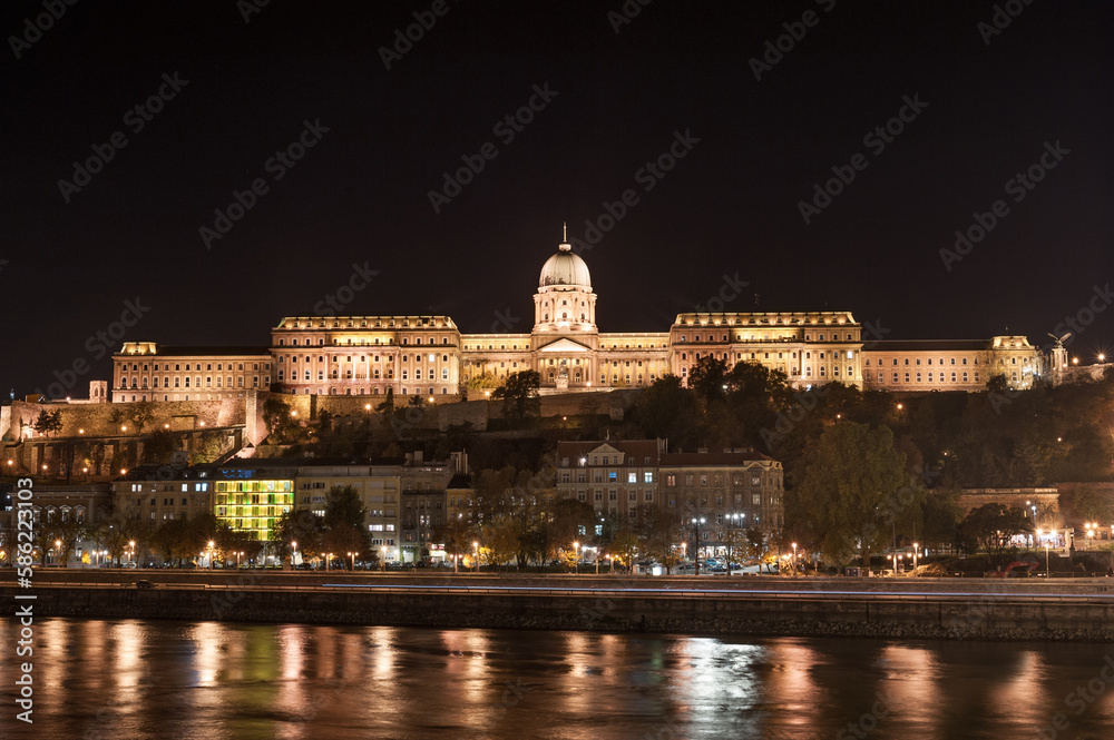 Danube and Royal Palace in Budapest, Hungary. Night photo shoot. Long exposure.