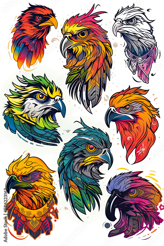 Fototapeta premium Gorgeous birds sticker design, owl, eagle, flying apex predators. Generative ai