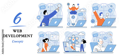 Web development metaphor, coding and programming responsive layout internet site or app of devices. Creation digital Software mobile, desktop platforms. Computer code, tablet, phone, digital business
