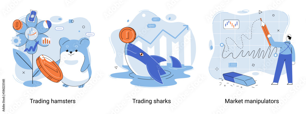 Naklejka premium Shark emerges from water and holds gold coins on its nose. Trading hamsters and whale metaphor set. Fake data for business valuation. Inexperienced investor, bad investment, experienced traders