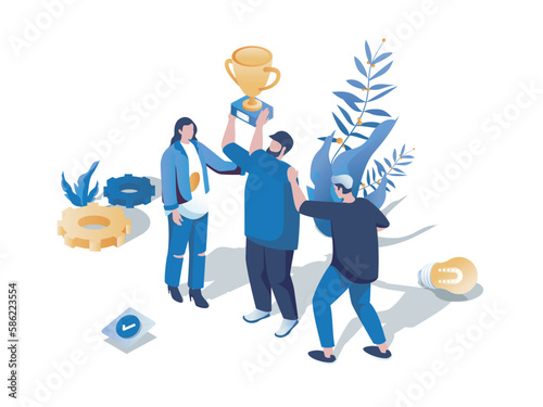 Support in team concept 3d isometric web scene. People working together and achieving career goals, winning trophy cup, partnership and leadership. Vector illustration in isometry graphic design
