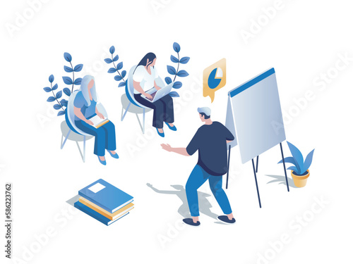 Training course concept 3d isometric web scene. People listening business coach with presentation, improve their skills and developing careers growth. Vector illustration in isometry graphic design