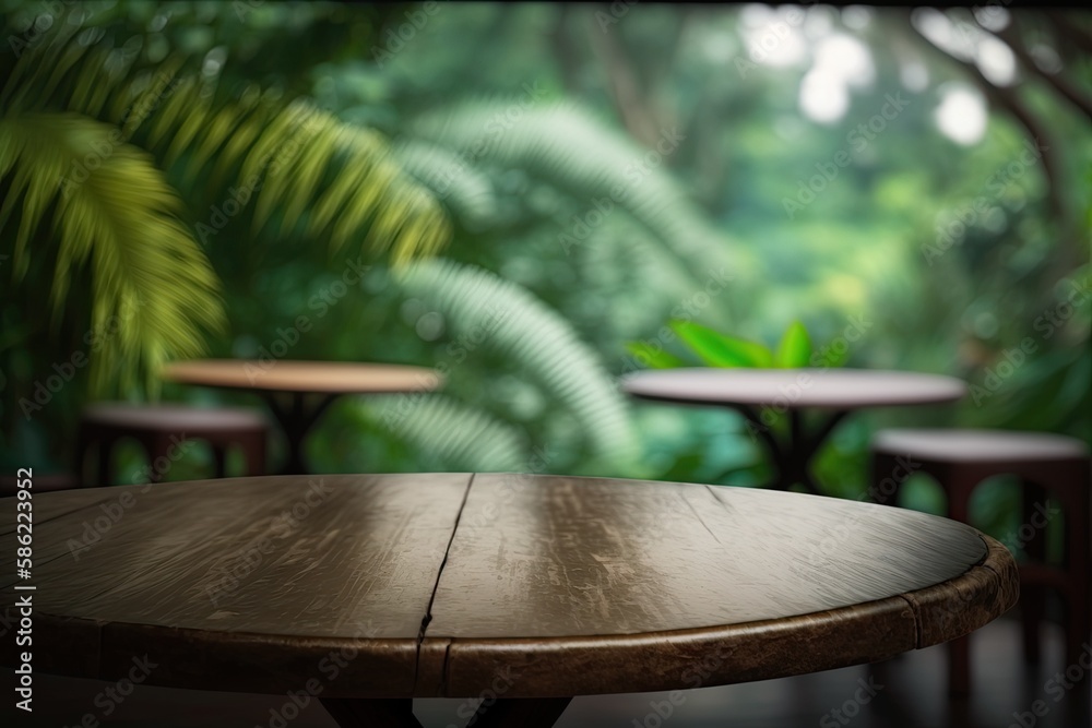 Closeup of an Empty Table with a Blurred Tropical Forest in the Background (Generative AI) Closeup of an Empty Table with a Blurred Tropical Forest in the Background (Generative AI)