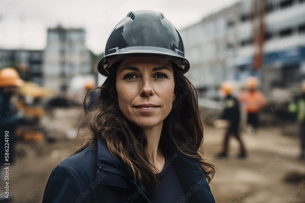 Woman in a hard hat and dark blue coat on a construction site. Generative AI. Woman in a hard hat and dark blue coat on a construction site. Generative AI.