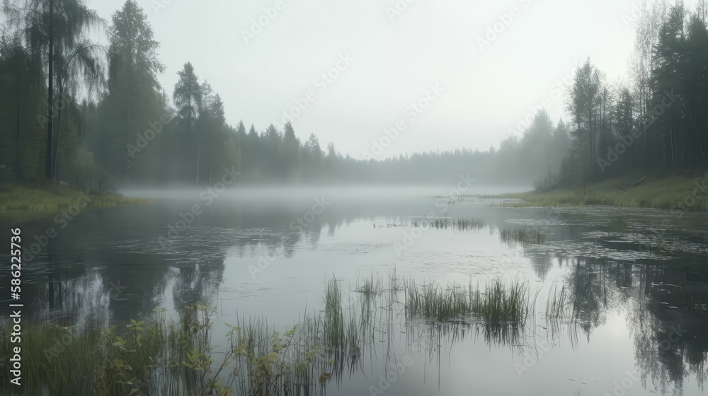 fog over the lake and trees landscape, generative AI fog over the lake and trees landscape, generative AI