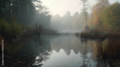 beautiful lake and forest landscape full of Fogg , generative AI