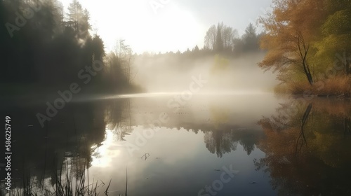fog over the lake and trees landscape, generative AI © legendexpert