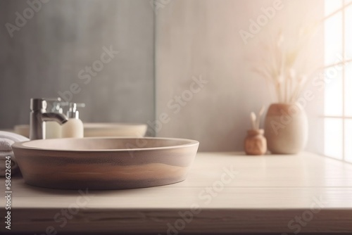 Closeup of Empty Tabletop Product on Table  Bathroom Interior with Blurred Background © Thares2020