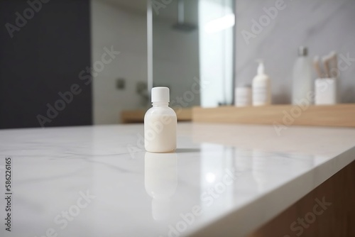 Closeup of Empty Tabletop Product on Table  Bathroom Interior with Blurred Background