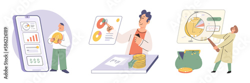 Budget plan concept. Evaluates income and expenses, analyzes investments and savings. Financial literacy and economics, accounting. Planning and distribution of money. Income and expenses report