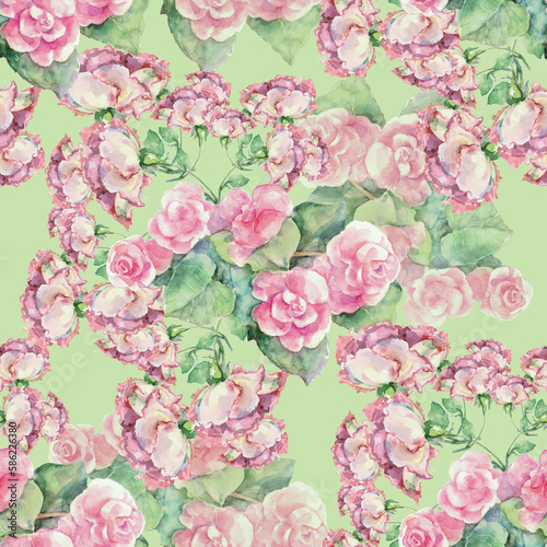 Floral background with watercolor flowers rose. Seamless pattern for decoration paper, card and interior home. 