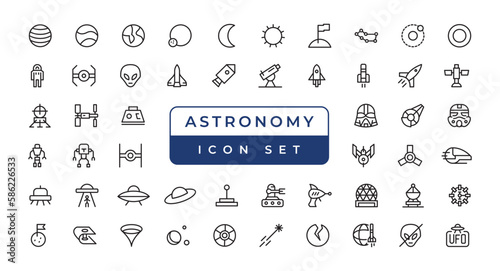 space and planet Vector Line Icons, thin line style.Contains such Icons as space, planet, alien, solar, astronaut, technology, space travels, stars, exploration And Other Elements