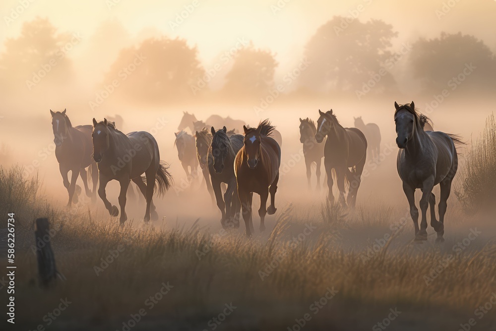Fototapeta premium running horses in the fog, generative AI