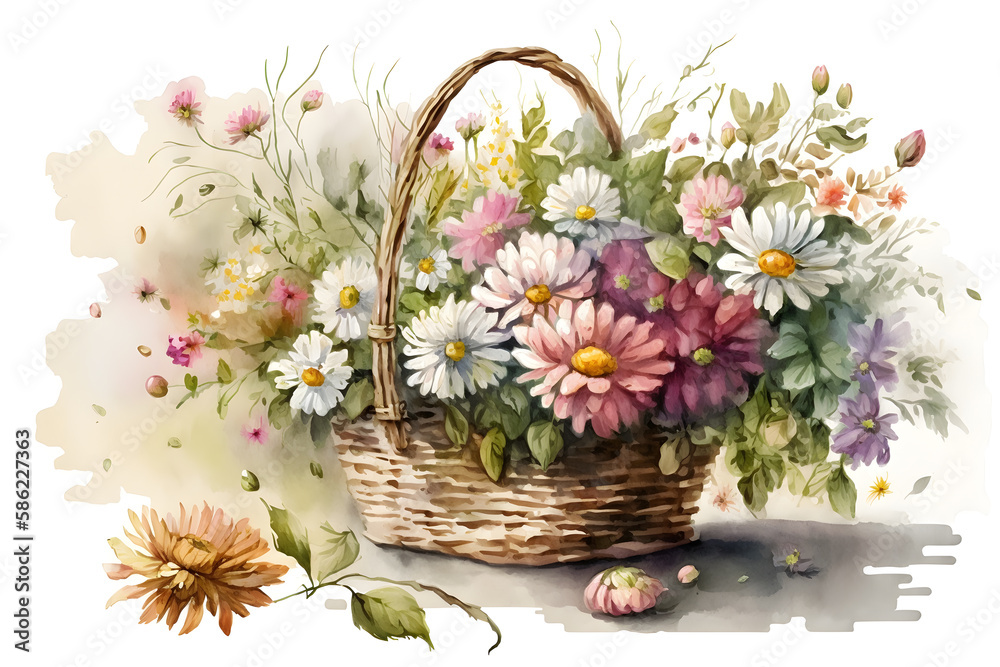 Illustration of spring flowers in a basket in a watercolor style. Illustration by Generative Ai
