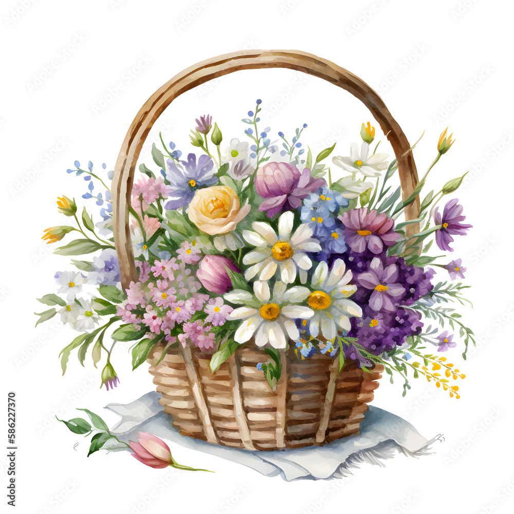 Beautiful basket with colorful spring flowers in watercolor. Illustration by Generative Ai
