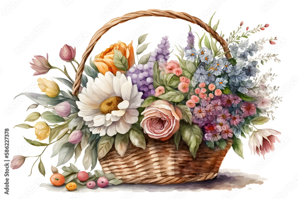 Watercolor Cute basket with spring flowers. Illustration by Generative Ai
