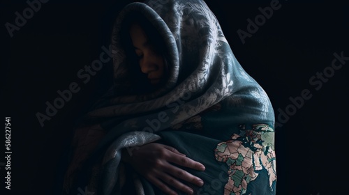 An image of a person hugging the Earth, with the continents and oceans wrapped around their body like a blanket - Generative AI