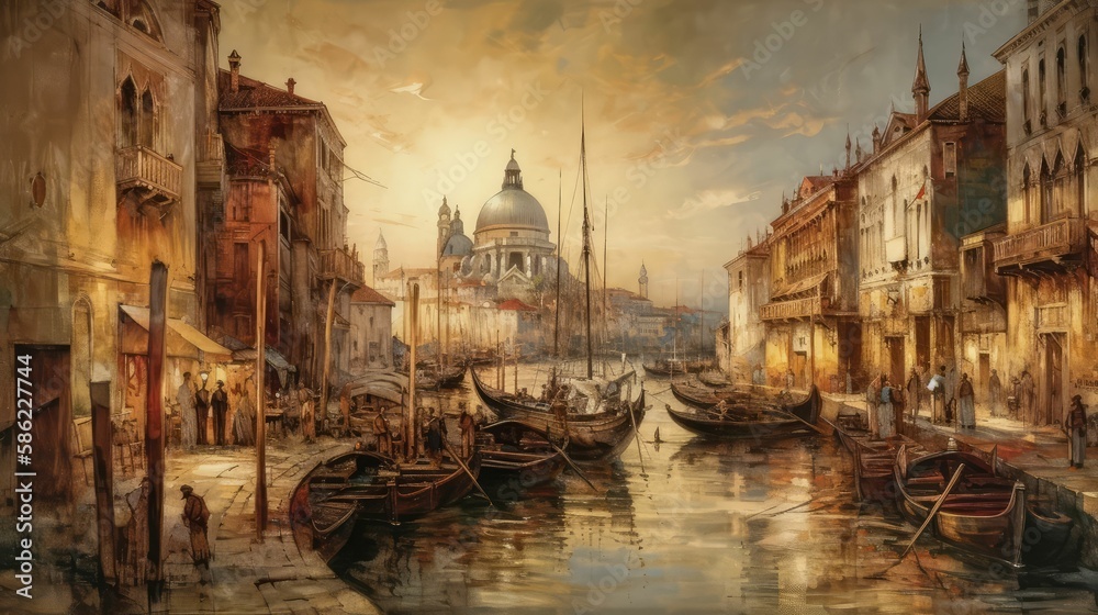 Naklejka premium Venice Rome old painting, generative AI