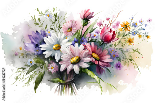 Colorful watercolor bouquet of flowers. Illustration by Generative Ai 