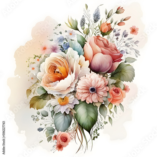 Beautiful bouquet of spring flowers in a watercolor style. Illustration by Generative Ai  © Livaleed