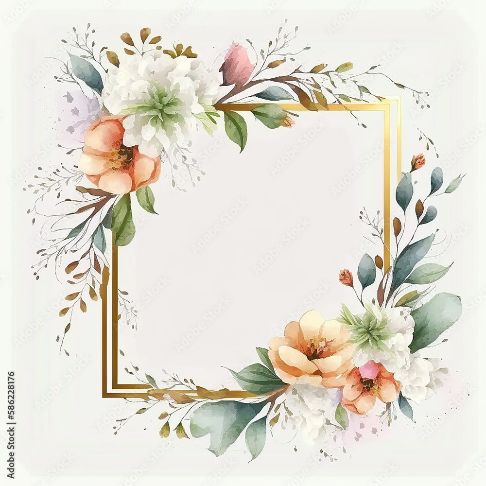 Beautiful frame with watercolor spring flowers. Illustration by Generative Ai
