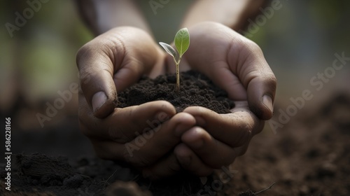 An image of a person's hand holding a small seedling, with the Earth in the background, representing the idea of nurturing new growth and regeneration - Generative AI