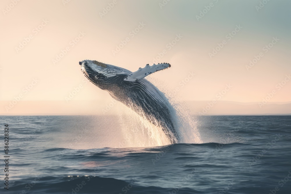 Fototapeta premium Whale jumping in the sea, generative AI