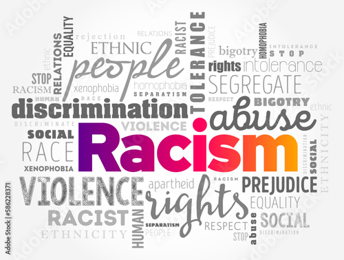 Racism - process by which systems and policies, actions and attitudes create inequitable opportunities for people based on race, word cloud concept background