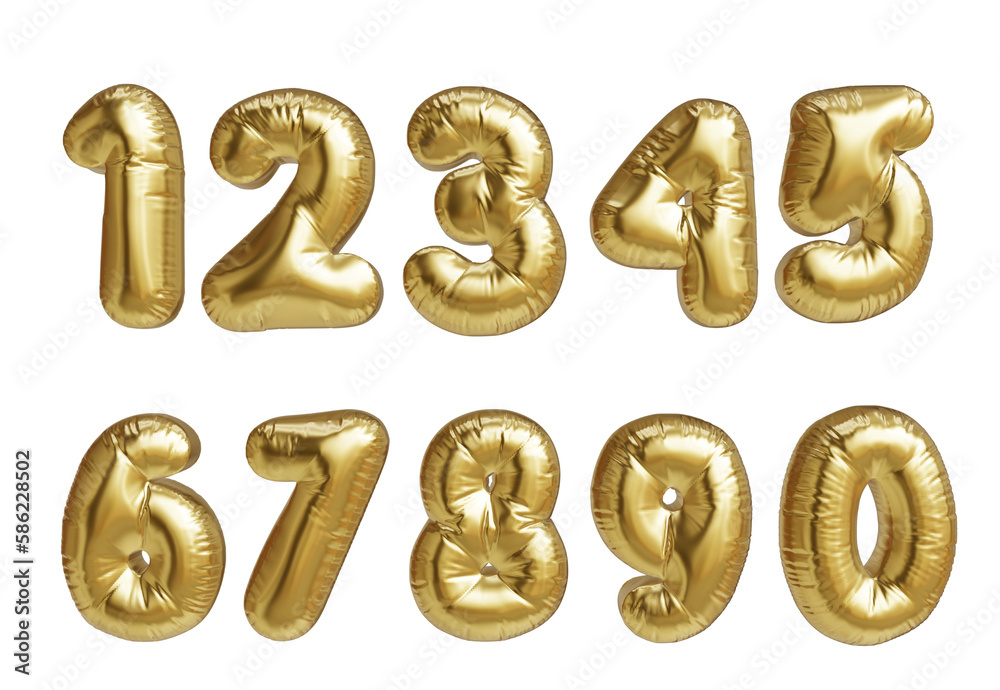 Set of numbers from 1 to 10 in the shape of a golden metallic balloon. 3D rendered, realistic. Set of numbers from 1 to 10 in the shape of a golden metallic balloon. 3D rendered, realistic.