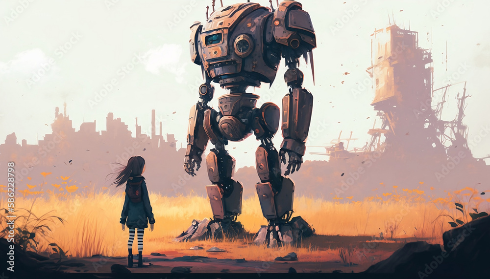 Robot and young girl standing looking at the ruins of an old city. Digital illustration. Robot and young girl standing looking at the ruins of an old city. Digital illustration.