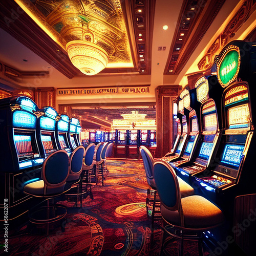 Luxury casino interior with lots of slot machines Generative AI