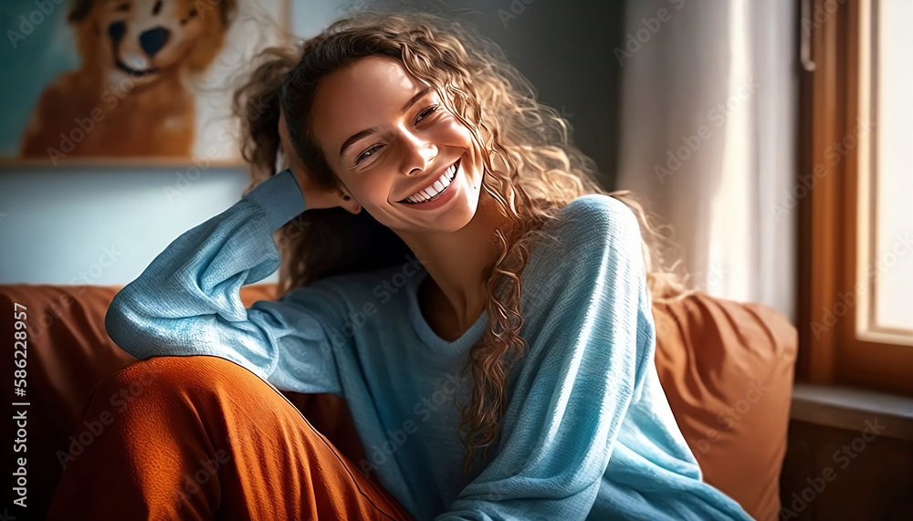 Obraz premium Beautiful woman with curly brown hair and a blue sweater smiling while relaxing at home