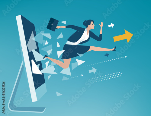 Breaking the internet. E-commerce breakthrough. A businesswoman breaks the surface of a computer monitor. Business vector illustration.