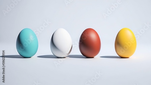 four coloured easter eggs on a blue bright background