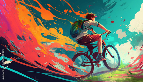 Boy riding a bicycle with a backpack in summer. Illustration painting