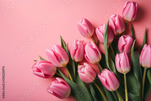 beautiful bouquet of spring tulip flowers on a pink background. Generative ai