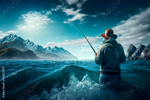 Man fish fishing in the ocean on a boat, lifestyle hobby fishing, father's day. Generative AI