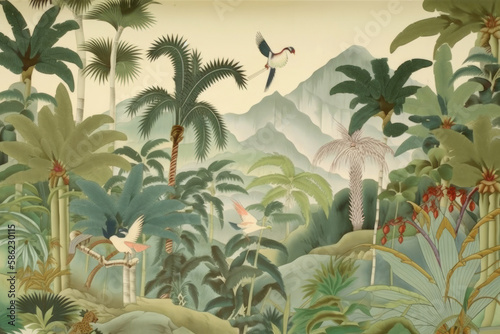 wallpaper jungle and leaves tropical forest birds old drawing vintage - generative ai © Andrus Ciprian