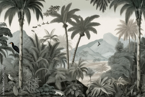 wallpaper jungle and leaves tropical forest birds old drawing vintage - generative ai 