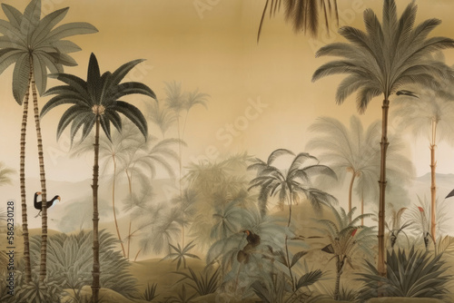 wallpaper jungle and leaves tropical forest birds old drawing vintage - generative ai 