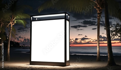 Blank advertising billboard on the tropical beach landscape during sunset. Generative AI.