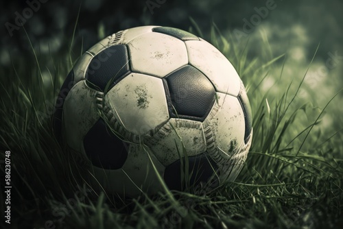 Soccer ball on the grass close-up, generative AI © senadesign