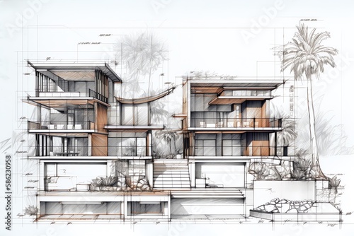 Sketch of modern cozy villa house on the white background. Design stages of luxury villa architecture drawing. Generative AI