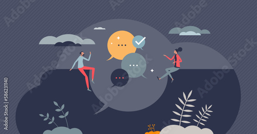 Communication skills with effective talking ability tiny person concept. Listening, hearing and speech soft skills for information exchange vector illustration. Conversation, talk and dialog process.
