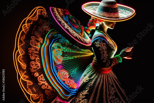 Fabulous Cinco de Mayo female dancer in neon light. Beautiful female model in traditional costume and sombrero dancing..Generative AI