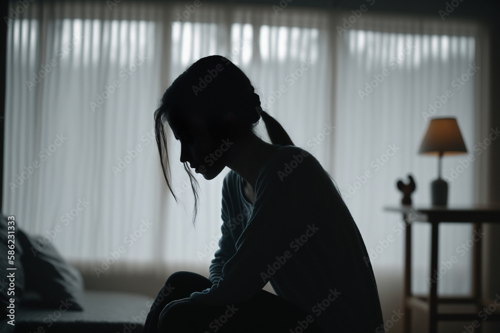 The silhouette of a young woman sitting alone by the window, consumed ...