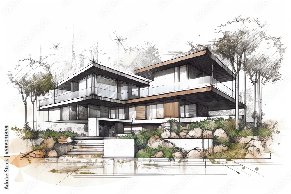 Sketch of modern cozy villa house on the white background. Design stages of luxury villa architecture drawing. Generative AI Sketch of modern cozy villa house on the white background. Design stages of luxury villa architecture drawing. Generative AI