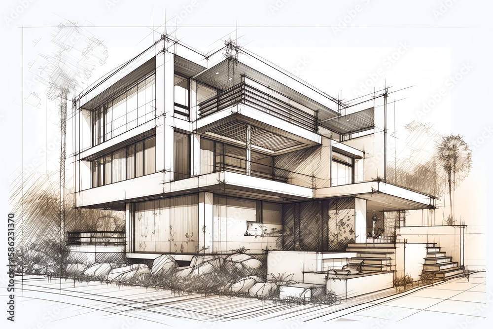 Sketch of modern cozy villa house on the white background. Design stages of luxury villa architecture drawing. Generative AI Sketch of modern cozy villa house on the white background. Design stages of luxury villa architecture drawing. Generative AI