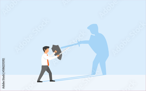 FIGHTING AGAINST YOURSELF, YOU VS YOU, SELF INNER BATTLE. BATTLE WITH MYSELF. THE FIGHT AGAINST SELF'S FEAR AND DOUBT. A BUSINESSMAN FIGHT WITH HIS SHADOW AS SYMBOL OF HIS INCONFIDENCE